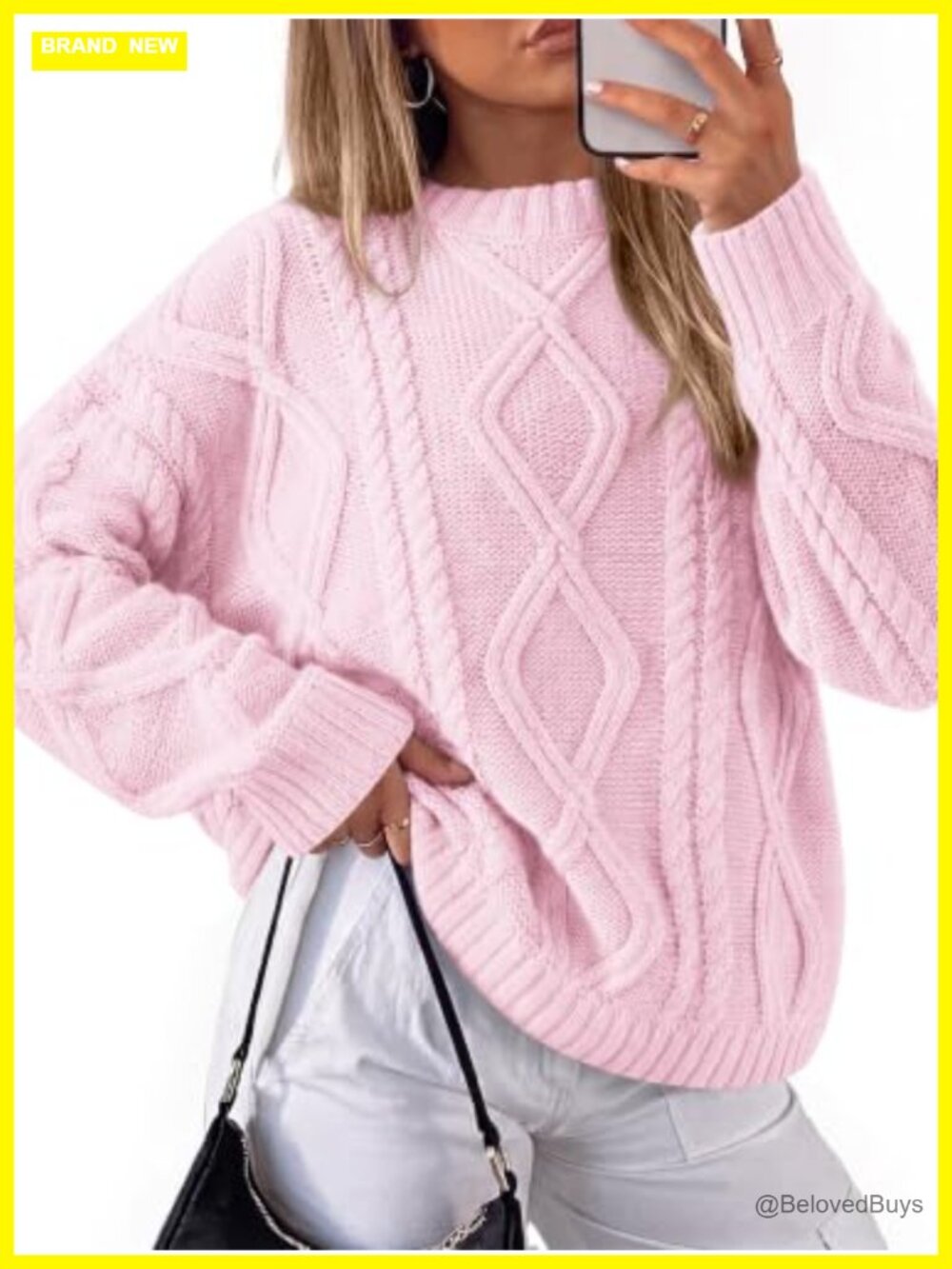 Oversized Cable Knit Sweater Pullover Crew Neck Lantern Sleeve Fall